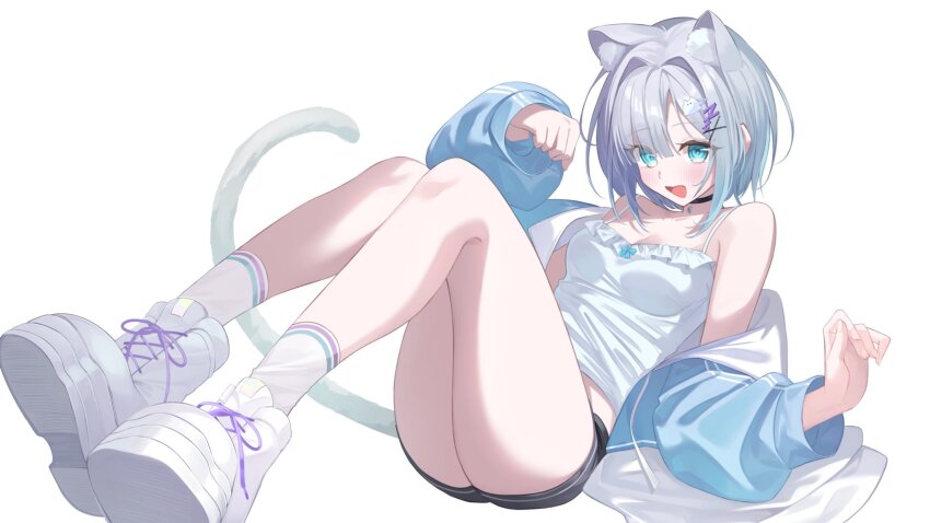 1girl animal_ear_fluff animal_ears black_shorts blue_eyes boots camisole cat_ears cat_girl cat_tail commentary_request grey_hair highres jacket kaga_sumire knees_up long_sleeves looking_at_viewer mole mole_under_eye open_clothes open_jacket open_mouth shinomiya_ino short_hair short_shorts shorts simple_background sitting smile socks solo tail thighs virtual_youtuber vspo! white_background white_boots white_camisole white_socks