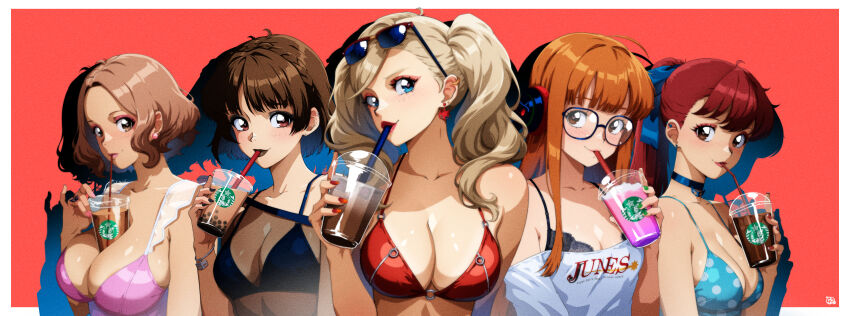 5girls absurdres ahoge behind-the-head_headphones between_breasts bikini black_bra black_choker black_lips blonde_hair blue_background blue_eyes border bra breasts brown_eyes brown_hair bubble_tea choker cleavage collarbone commentary cup disposable_cup drinking drinking_straw earrings english_commentary eyeliner eyewear_on_head glasses gravydood green_nails headphones heart heart-shaped_pupils high_ponytail highres holding holding_cup jewelry large_breasts long_hair looking_at_viewer makeup medium_breasts morgana_(persona_5) multiple_girls niijima_makoto off-shoulder_shirt off_shoulder okumura_haru orange_hair persona persona_5 ponytail red_bikini red_eyeliner red_eyes red_hair red_lips red_nails sakura_futaba shirt short_hair starbucks sunglasses swimsuit symbol-shaped_pupils takamaki_anne twintails underwear upper_body very_long_hair white_border white_shirt yoshizawa_kasumi