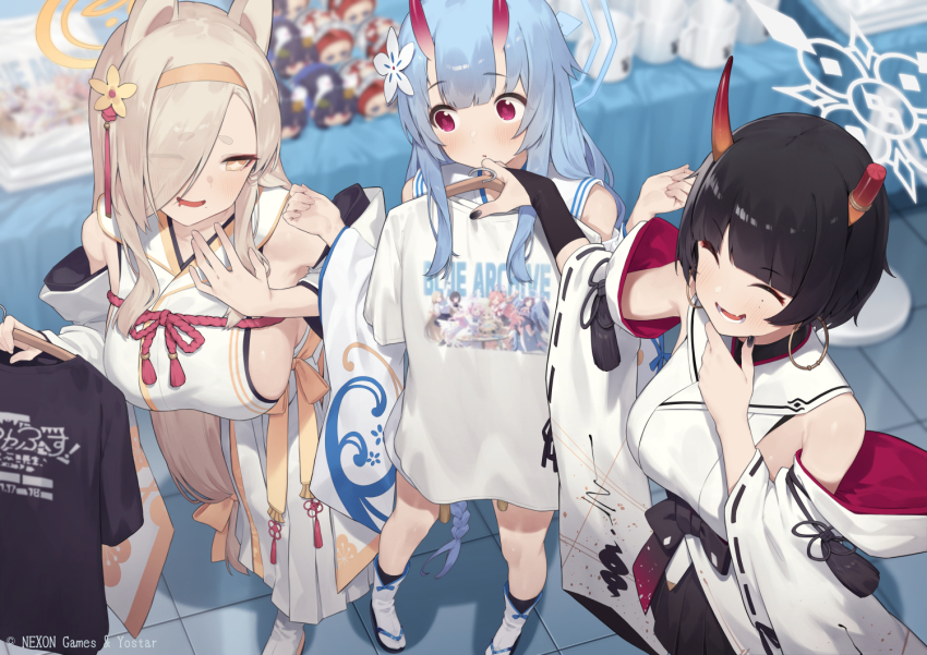 3girls animal_ears asuna_(blue_archive) black_hair black_nails black_shirt blue_archive blue_hair blue_halo blurry blurry_background breasts bridal_gauntlets broken_horn character_doll chise_(blue_archive) closed_eyes closed_mouth clothes_hanger commentary_request copyright_notice detached_sleeves doll earrings extra_ears eyeshadow fang flower fox_ears gradient_horns hair_flower hair_ornament hair_over_one_eye hair_ribbon hairband hakama halo holding holding_clothes_hanger hoop_earrings horns japanese_clothes jewelry kaho_(blue_archive) kimono kirara_(blue_archive) kotoribako large_breasts long_hair low-tied_long_hair makeup mika_(blue_archive) miyo_(blue_archive) miyu_(blue_archive) mole mole_under_eye mole_under_mouth multicolored_horns multiple_girls niya_(blue_archive) official_artist_extra oni open_mouth orange_hairband orange_halo orange_horns parted_lips pink_eyeshadow red_eyes red_horns ribbon ribbon-trimmed_sleeves ribbon_trim sailor_collar shirt short_eyebrows sideboob sideless_kimono sidelocks single_bridal_gauntlet skin-covered_horns skin_fang sleeveless sleeveless_kimono smile subaru_(blue_archive) t-shirt tassel thick_eyebrows very_long_hair white_flower white_hakama white_halo white_kimono white_sailor_collar white_shirt wide_sleeves yellow_flower yellow_hairband yukari_(blue_archive) yuzu_(blue_archive)
