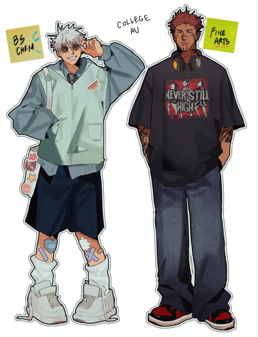 2boys adjusting_eyewear air_jordan alternate_costume alternate_skin_color ankle_socks arm_tattoo bag baggy_pants baggy_shorts band_shirt bandaid bandaid_on_leg black_shirt black_shoes black_shorts blue_eyes blue_hoodie blue_shirt cat_face_sticker closed_mouth collared_shirt commentary crew_cut crossed_bandaids denim english_commentary english_text eyebrow_cut eyebrow_piercing face_piercing facial_tattoo film_grain full_body gauze gauze_on_leg gojou_satoru grey_necktie grin half-closed_eyes hand_in_pocket hands_in_pockets headphones headphones_around_neck heart heart-shaped_bandaid highres hood hood_down hoodie jeans jujutsu_kaisen laces legs_apart light_smile looking_at_another looking_at_viewer male_focus merchandise messy_hair mole mole_under_mouth multicolored_shoes multiple_boys necktie outline oversized_clothes oversized_shirt oversized_sweater pants piercing pink_hair plaid_clothes plaid_necktie red_eyes red_shoes round_eyewear ryoumen_sukuna_(jujutsu_kaisen) shirt shoes short_hair shorts shoulder_bag smile smiley_face snakebite_(piercing) sneakers socks spiked_ear_piercing standing star_(symbol) star_sticker sticker sticker_on_clothes sticky_note streetwear sunglasses t-shirt tan tattoo teeth to_0fu two-tone_shoes untucked_shirt white_background white_bag white_hair white_outline white_shoes white_socks zipper