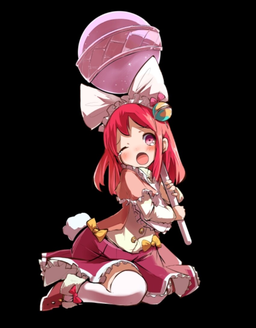 1boy 1girl black_background blush bow brown_cape brown_shoes candy cape chupa_chups collared_shirt flat_chest food frilled_cape frilled_skirt frills full_body hair_bow highres holding holding_candy holding_food holding_lollipop large_bow lollipop long_hair long_sleeves melty_(merc_storia) merc_storia merc_storia_art_team official_art one_eye_closed open_mouth pink_eyes pink_hair purple_skirt raised_inner_eyebrows shirt shoes sidelocks simple_background sitting skirt solo tachi-e tearing_up tears thighhighs wariza white_bow white_shirt white_thighhighs yellow_bow