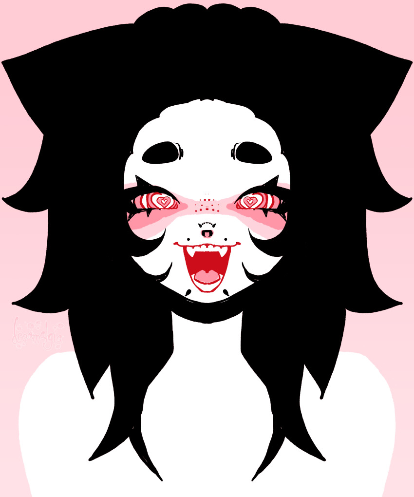 1other absurdres angelbite_(piercing) ash_kinoshita black_hair blush colored_skin dreamalgia eyelashes fangs freckles hair_ears heart heart-shaped_pupils highres nose_blush nostril_piercing open_mouth original other_focus septum_piercing snakebite_(piercing) solo symbol-shaped_pupils thick_eyebrows white_skin