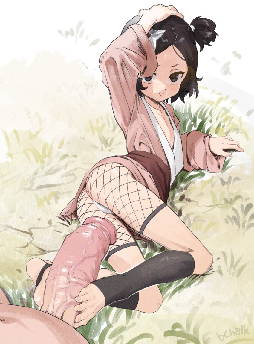 1boy 1girl artist_name ass black_eyes black_hair butterchalk closed_mouth commentary commission erection feet fishnets flat_chest footjob frown fundoshi grass hetero highres japanese_clothes kimono kunoichi_tsubaki_no_mune_no_uchi legs loli long_sleeves looking_at_viewer lying ninja no_shoes on_grass on_ground on_side penis pink_kimono reverse_footjob short_hair soles solo_focus stirrup_legwear thighs toeless_legwear toenails toes touwata_(kunoichi_tsubaki_no_mune_no_uchi) tsurime two-footed_footjob uncensored v-shaped_eyebrows
