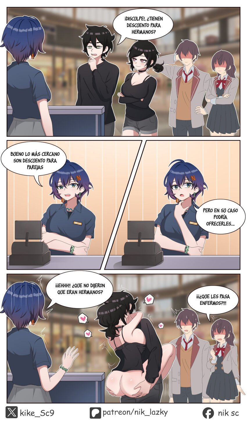 2boys 3girls absurdres andrew_graves ashley_graves belle_(zenless_zone_zero) black_hair blue_hair bottomless brother_and_sister choker comic crop_top green_eyes highres incest kuze_masachika multiple_boys multiple_girls pink_eyes public_indecency sex short_hair siblings spanish_text suou_yuki the_coffin_of_andy_and_leyley tokidoki_bosotto_roshia-go_de_dereru_tonari_no_alya-san translated zenless_zone_zero