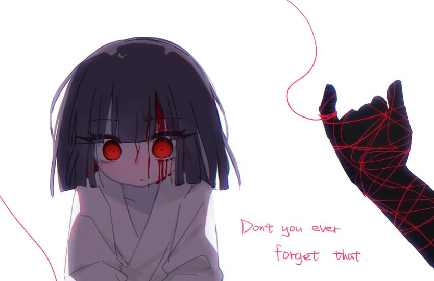 1girl 1other aged_down black_hair blood blood_from_forehead blunt_bangs blunt_ends child commentary english_commentary english_text eyelashes highres limbus_company project_moon red_eyes ryoshu_(project_moon) string warmiikhaen white_background wide-eyed