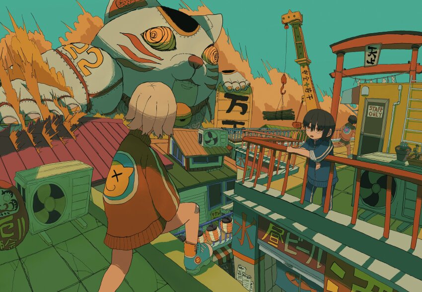 1other 2girls absurdres against_railing air_conditioner attack awning bandaid bandaid_on_knee bandaid_on_leg banner bell black_hair blue_footwear blue_jacket blue_pants building cat ceiling city coin commentary crack cracked_floor crane_(machine) daruma_doll day door evening foot_up from_behind giant green_sky high_tops highres holding holding_coin hook industrial_pipe jacket jingle_bell knee_up ladder lantern leaning_forward looking_at_another maneki-neko medium_hair multiple_girls on_roof open_mouth orange_eyes original outdoors oversized_clothes pants paper paper_lantern perspective plant potted_plant print_jacket railing red_jacket ringed_eyes robot rooftop running scenery shadow shoes sky sleeves_rolled_up sneakers standing tile_ceiling tiles toikichigai torii track_jacket white_hair wide_shot window wood