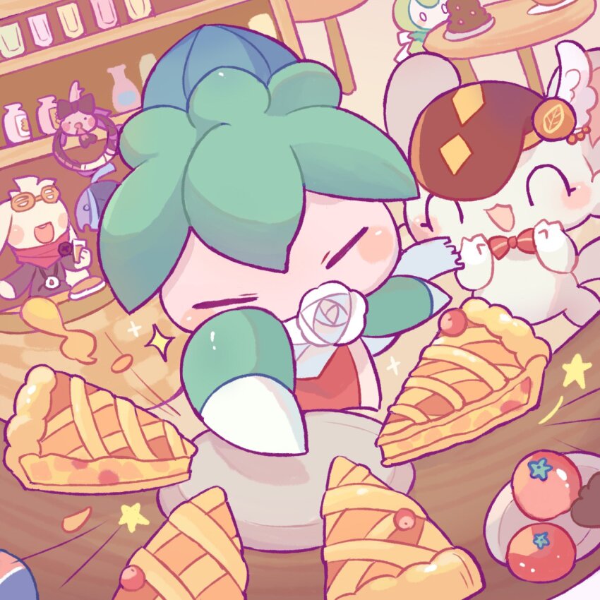 :3 :d ^_^ animal_focus bibi_(kano2541293757) brown_hat bug chibikemo closed_eyes flower fomantis food gen_5_pokemon gen_6_pokemon gen_7_pokemon gen_8_pokemon grey_fur hat highres klefki looking_at_viewer minccino nintendo no_humans open_mouth petilil pie pokemon pokemon_(creature) raboot scarf smile star_(symbol) tomato white_flower white_scarf