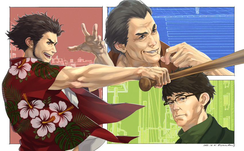 3boys adachi_koichi ascot baseball_bat brown_hair commentary_request facial_hair floral_print glasses goatee grey_hair hawaiian_shirt hibiscus_print highres holding holding_removed_eyewear kasuga_ichiban male_focus mature_male multiple_boys nanba_yu nancy_(ryuu_ga_gotoku) nicacu old old_man ryuu_ga_gotoku_(series) ryuu_ga_gotoku_8 shirt sparkle toothpick translation_request turtleneck unworn_eyewear widow's_peak