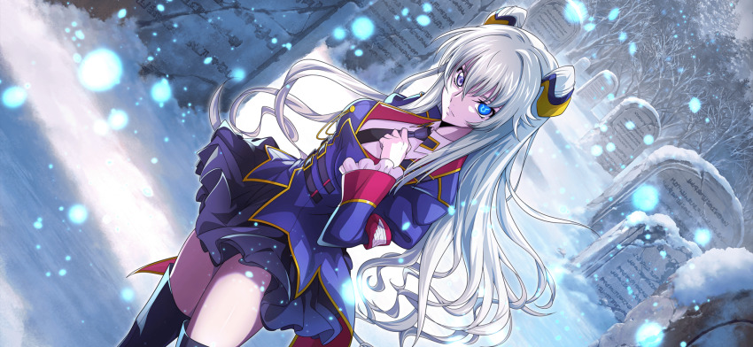 1girl armband black_necktie blonde_hair blue_eyes breasts clothes_lift code_geass code_geass:_boukoku_no_akito code_geass:_lost_stories cone_hair_bun double_bun f4samurai game_cg hair_bun highres leila_malcal long_hair looking_at_viewer medium_breasts military_uniform necktie official_art red_armband simple_background skirt skirt_lift sleeves_past_wrists smile solo thighhighs upper_body zettai_ryouiki