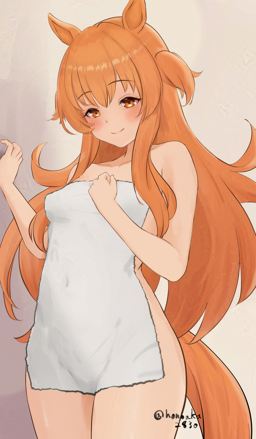 1girl absurdres animal_ears commentary_request highres honoaka horse_ears horse_girl horse_tail mayano_top_gun_(umamusume) naked_towel orange_hair solo tail towel umamusume
