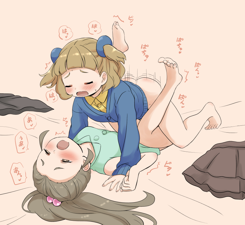 1futa 1girl ass azumanishiki blonde_hair blue_shirt blush brown_hair closed_eyes futa_with_female futanari hair_ornament highres implied_futanari implied_sex loli mating_press nintendo open_mouth pokemon pokemon_dppt pokemon_swsh school_kid_(pokemon) schoolgirl_(pokemon) sex shirt skirt unworn_skirt