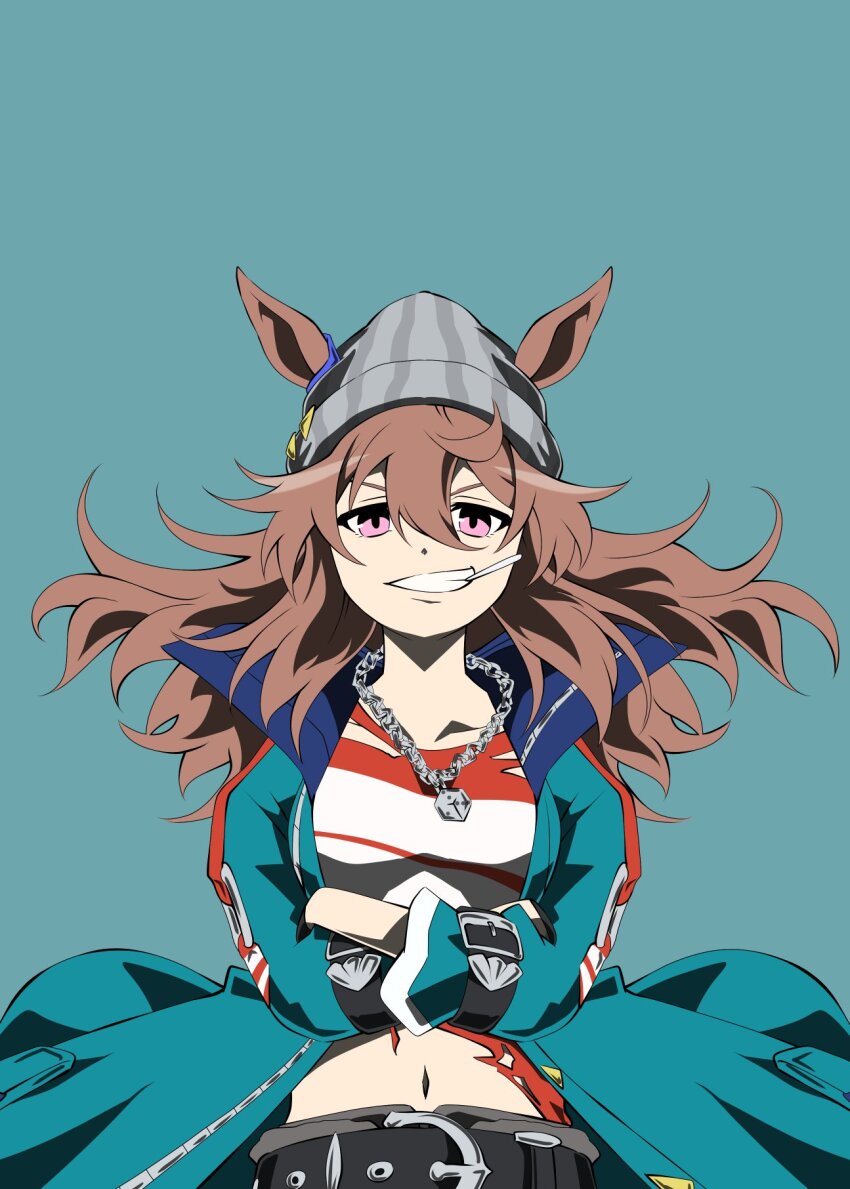 1girl animal_ears beanie belt black_belt black_gloves blue_jacket breasts brown_hair commentary_request crossed_arms dice dice_necklace ears_through_headwear fingerless_gloves gloves grey_hat grin hair_between_eyes hat highres horse_ears horse_girl jacket jewelry lollipop_in_mouth long_hair long_sleeves midriff nakayama_festa_(shichuukyuukatsu)_(umamusume) nakayama_festa_(umamusume) navel necklace open_mouth purple_eyes shirt simple_background smile solo teeth umamusume upper_body white_shirt zukki_(bijitaru)