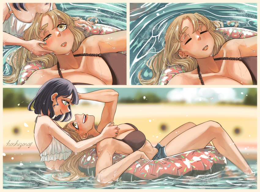 2girls absurdres black_hair blonde_hair breasts cleavage collarbone commentary_request denim denim_shorts eye_contact hand_on_another's_head highres hoshizora_no_shita in_water looking_at_another multiple_girls original shorts smile swim_ring swimsuit yuri
