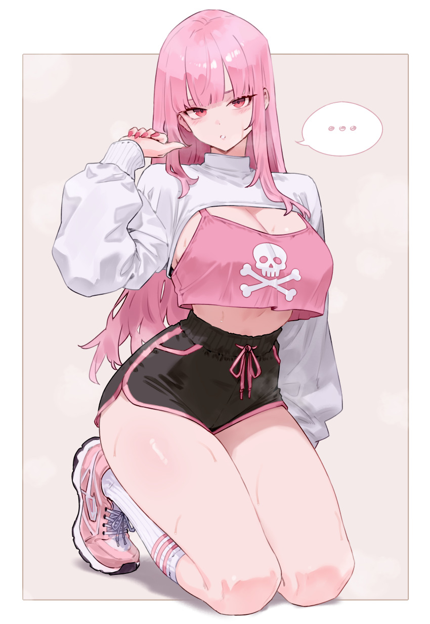 ... 1girl absurdres alternate_costume black_shorts bluefield blunt_bangs breasts cleavage commentary crop_top crop_top_overhang dolphin_shorts full_body high-waist_shorts highres hololive hololive_english kneehighs large_breasts long_hair long_sleeves looking_at_viewer mori_calliope pink_eyes pink_hair pink_shoes pink_tank_top print_tank_top puffy_long_sleeves puffy_sleeves shoes short_shorts shorts shrug_(clothing) sidelocks skull_and_crossbones sneakers socks solo speech_bubble spoken_ellipsis straight_hair sweat tank_top thighs virtual_youtuber white_shrug white_socks
