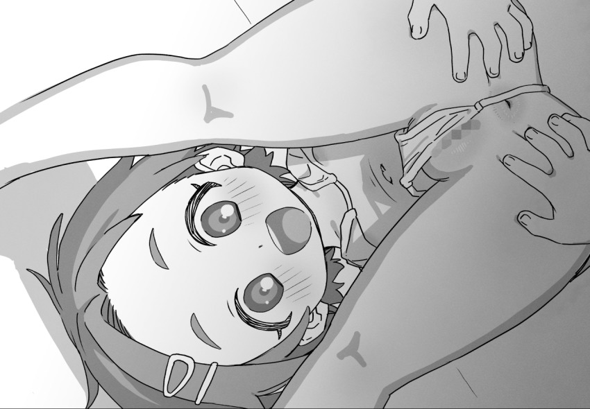1girl :d anus bikini bikini_bottom_aside censored clothing_aside dutch_angle flat_chest greyscale hair_ornament hairclip hands_on_own_ass idolmaster idolmaster_cinderella_girls loli looking_through_own_legs micro_bikini monochrome mosaic_censoring navel open_mouth pussy ryuzaki_kaoru shonnaa smile solo spread_anus swimsuit tareme teeth upper_teeth_only upside-down