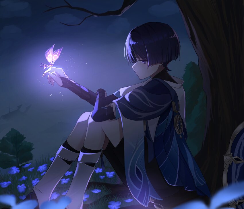 1boy absurdres armor bare_tree black_bridal_gauntlets black_hair black_shorts blue_cape blue_flower blue_hat blue_sleeves blunt_ends bridal_gauntlets cape closed_mouth cloud cloudy_sky creature_on_hand expressionless flower fog from_side furisode genshin_impact gold hand_up hat highres japanese_armor japanese_clothes kimono kote kurokote layered_sleeves leg_warmers looking_at_creature male_focus night okuraa_13 outdoors purple_eyes scaramouche_(genshin_impact) short_sleeves shorts sitting sky solo tree tsurime unworn_hat unworn_headwear wanderer_(genshin_impact) white_kimono white_leg_warmers white_sleeves white_trim