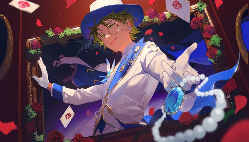 1boy absurdres arsene_(ensemble_stars!) bespectacled blue_gem card dreonya earrings ensemble_stars! falling_petals flower gem glasses gloves green_eyes green_hair hasumi_keito hat highres jewelry long_sleeves looking_at_viewer male_focus official_alternate_costume outstretched_hand petals playing_card red_flower red_petals red_rose rose short_hair smile solo top_hat upper_body white_gloves white_hat
