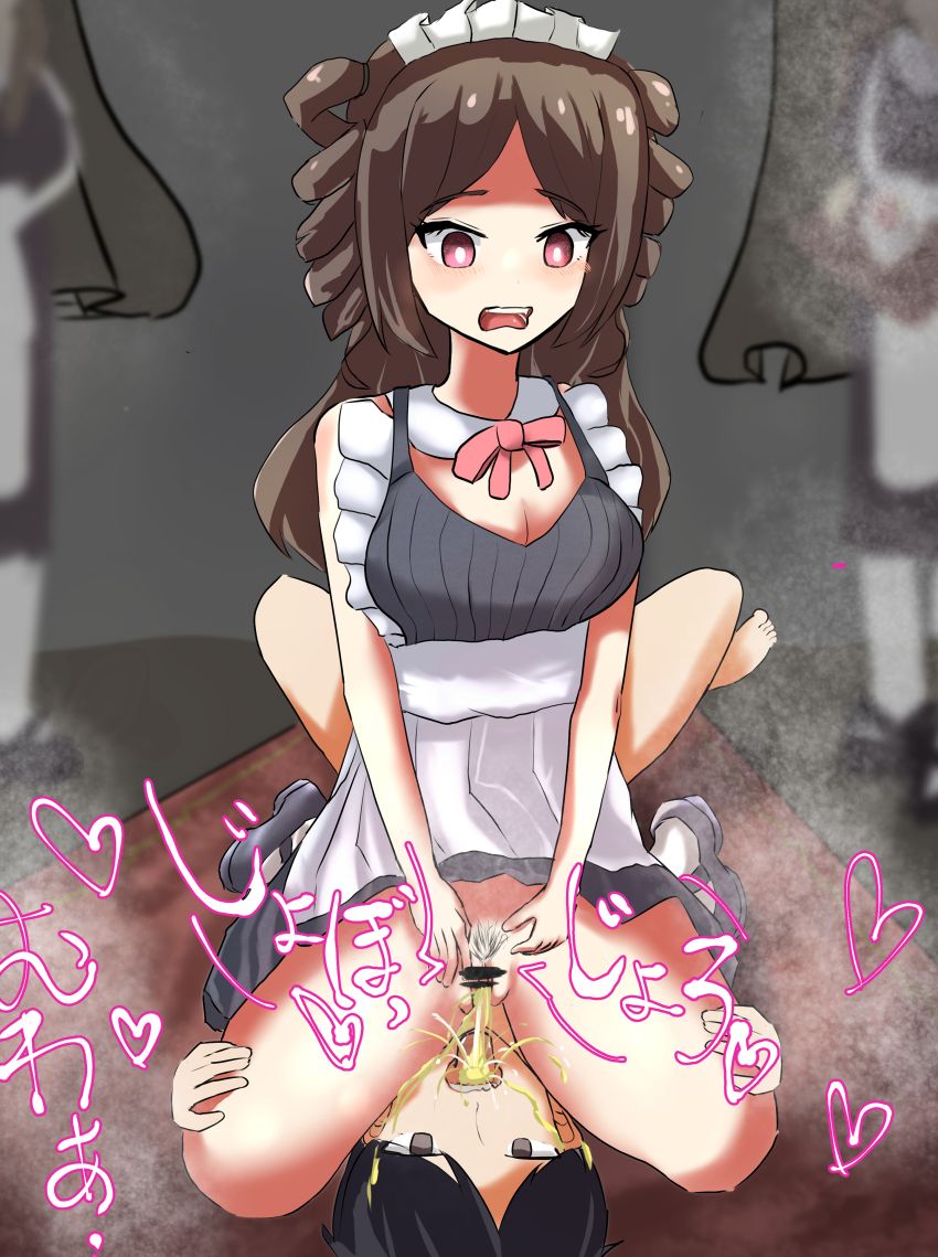 1boy 1girl absurdres brown_hair dokuichigo drinking_pee highres long_hair maid maid_headdress no_panties pee peeing pubic_hair pussy red_eyes sitting sitting_on_person steam