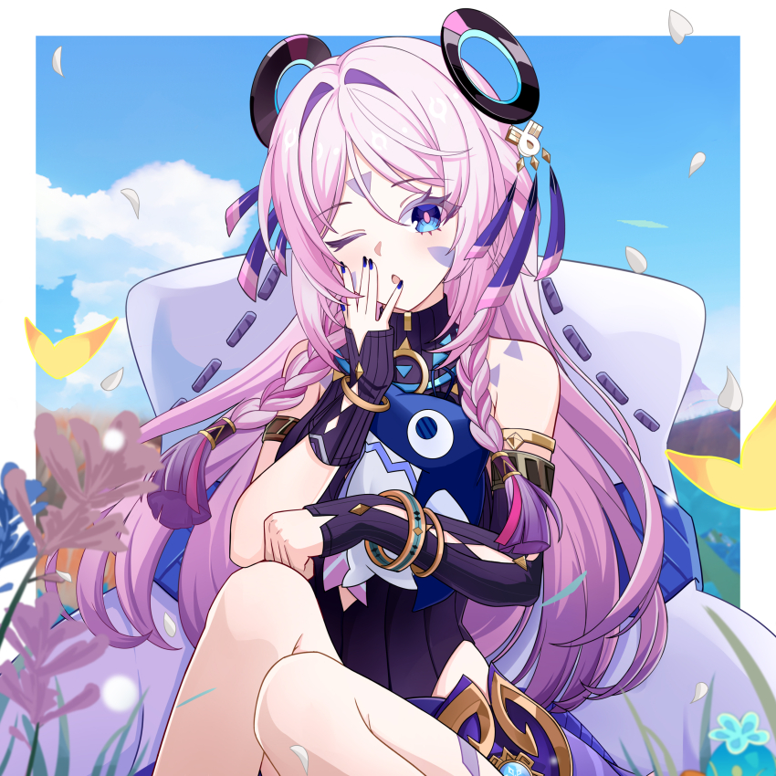 1girl absurdres bare_shoulders black_gloves blue_eyes blue_nails blue_sky bracelet braid citlali_(genshin_impact) cloud commentary_request day doll elbow_gloves facial_mark fingerless_gloves flower genshin_impact gloves hair_ornament hasana highres holding jewelry long_hair looking_at_viewer nail_polish one_eye_closed outdoors petals pink_hair pink_pupils sitting sky solo stuffed_toy twin_braids