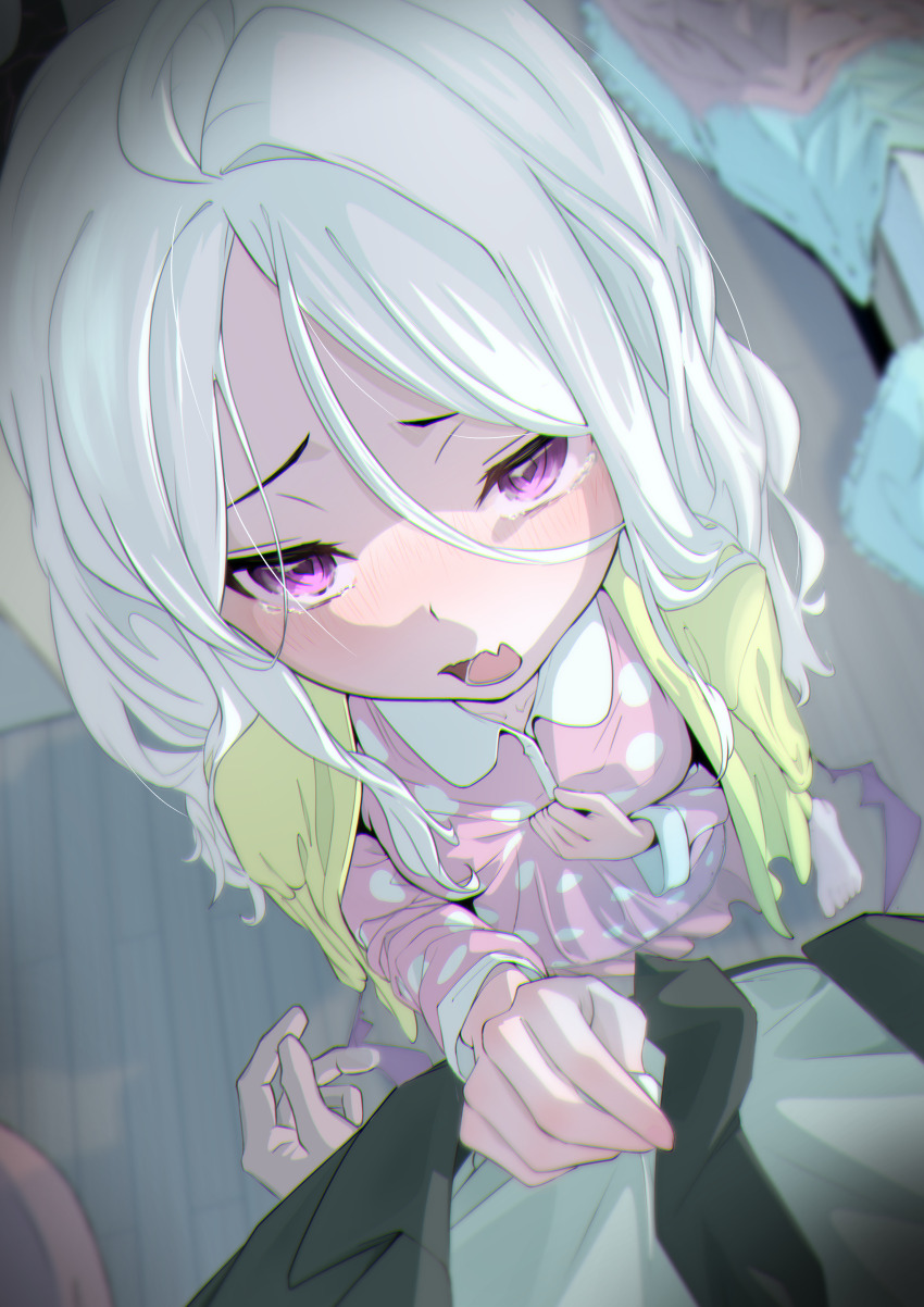 1boy 1girl absurdres ahoge bedroom black_horns black_necktie blue_archive botaso_(t4s0) cardigan cardigan_on_shoulders commentary_request demon_girl demon_horns demon_wings floor formal_clothes hair_between_eyes hand_on_another&#039;s_chest highres hina_(blue_archive) hina_(pajamas)_(blue_archive) horns jacket long_hair looking_at_viewer necktie official_alternate_costume open_cardigan open_clothes out_of_frame pajamas pink_pajamas polka_dot polka_dot_pajamas purple_eyes sensei_(blue_archive) suit tearing_up white_hair wings wooden_floor yellow_cardigan yellow_jacket