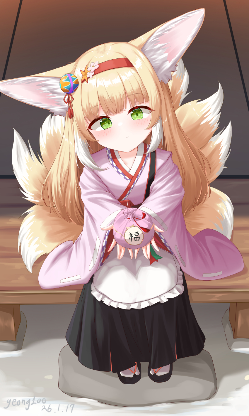 1girl absurdres animal_ears apron arknights black_hakama blonde_hair closed_mouth coin_purse commentary dated fox_ears fox_girl fox_tail frilled_apron frills green_eyes hair_ornament hairband hakama highres japanese_clothes kimono kitsune kyuubi long_hair long_sleeves multiple_tails official_alternate_costume pink_kimono pinwheel red_hairband sandals signature sitting skirt socks solo suzuran_(arknights) suzuran_(yukibare)_(arknights) tail waist_apron white_apron white_socks yeong100