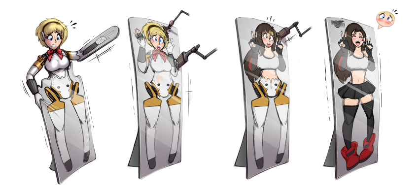 2girls ahoge aigis_(persona) alternate_breast_size_(smaller) bimbofication blonde_hair blue_eyes breasts card card_game cardboard cardboard_cutout female_focus final_fantasy final_fantasy_vii highres human_to_inanimate inanimate_object large_breasts long_hair magic multiple_girls paint painting persona persona_3 petrification redflare500 short_hair smile tifa_lockhart transformation transformation_(object)
