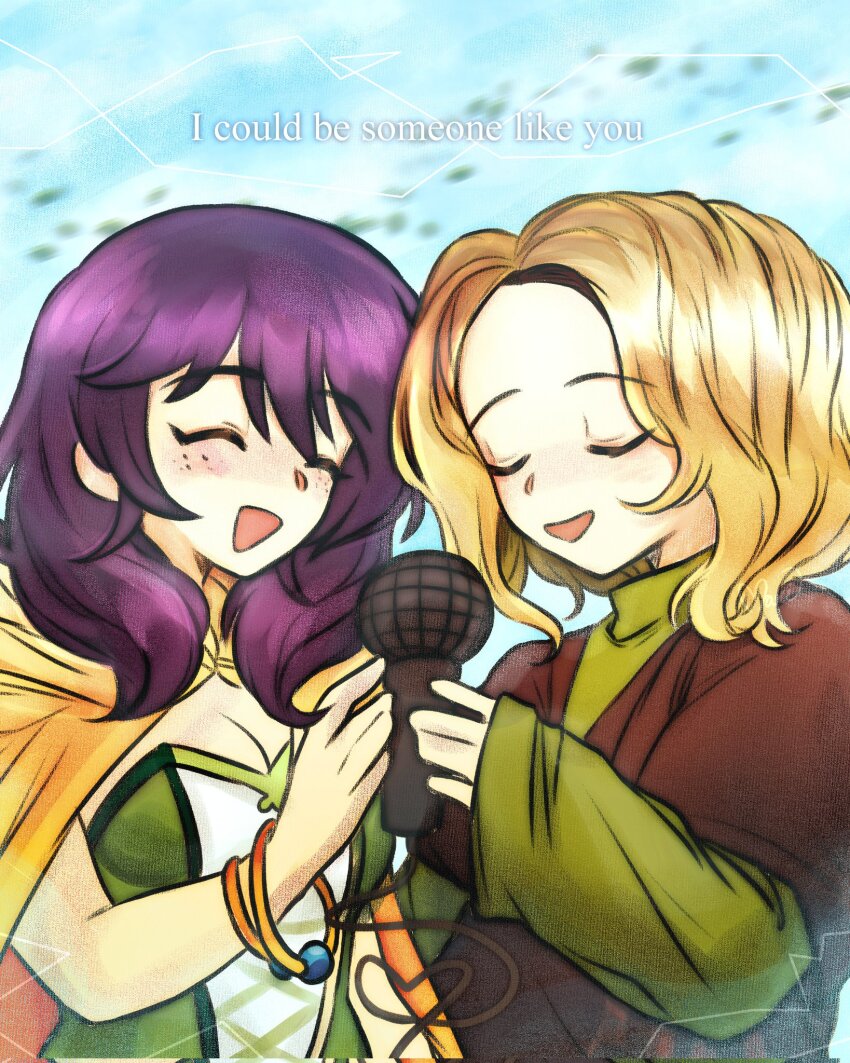 1boy 1girl ^_^ avanna blonde_hair blush bracelet breasts brown_shirt cable cape cleavage closed_eyes commentary corrupted_twitter_file dress english_commentary english_text freckles green_dress green_shirt heart highres holding holding_microphone humansongs_(vocaloid) jewelry layered_shirt long_sleeves medium_breasts medium_hair microphone music nyapurrlitan open_mouth po-uta porter_robinson_(copyright) purple_hair shirt short_hair singing strapless strapless_dress u_u upper_body vocaloid wavy_hair yellow_cape