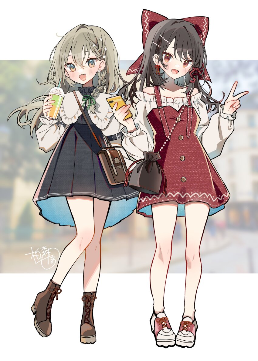 2girls :d absurdres adapted_costume black_dress blonde_hair blush boots bow braid brown_boots cellphone collarbone commentary_request contemporary cup disposable_cup dress drinking_straw earrings fang full_body green_eyes green_ribbon hair_between_eyes hair_ornament hair_ribbon hakurei_reimu highres holding holding_cup holding_phone jewelry kirisame_marisa long_hair long_sleeves looking_at_viewer multiple_girls off-shoulder_shirt off_shoulder open_mouth phone red_bow red_dress red_eyes red_ribbon red_shoes ribbon shirt shoes side_braid signature simple_background single_braid skin_fang smartphone smile sneakers standing star_(symbol) star_hair_ornament suspenders tamagogayu1998 touhou v white_shirt
