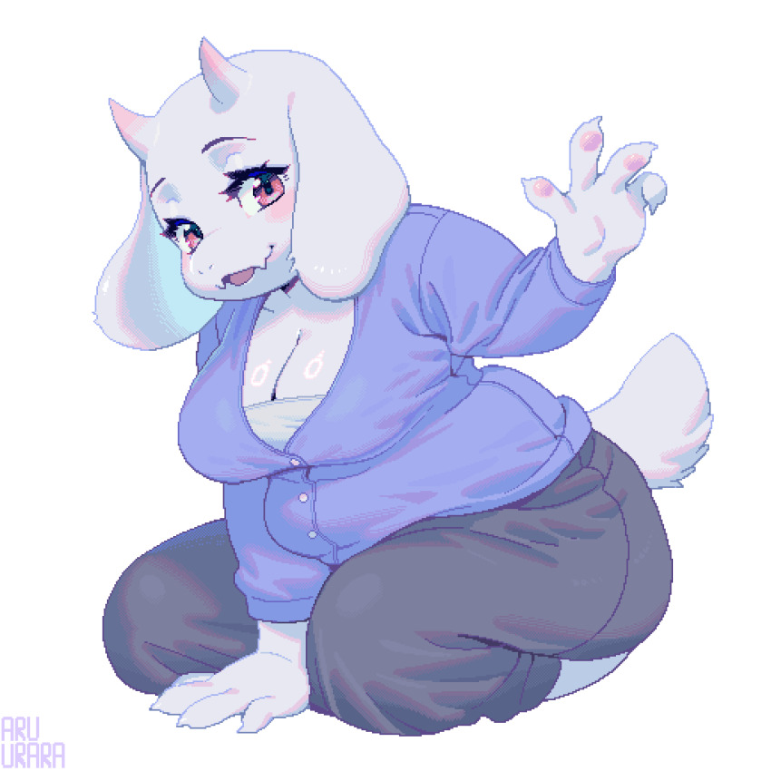 1girl absurdres animal_ears arm_support artist_name breasts buttons cleavage highres horns inuki_(aruurara) large_breasts leaning_forward long_sleeves looking_at_viewer open_hand parted_lips pawpads pink_eyes pixel_art simple_background tail toriel undertale utdr_(toby_fox) white_background white_fur white_tail