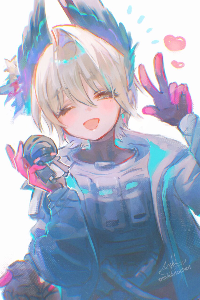 1girl arknights armor artist_name blonde_hair blue_jacket character_doll commentary_request cooking doctor_(arknights) doll extra_arms feather_hair gloves heart highres holding holding_doll jacket myluche one_eye_closed open_mouth pink_gloves raidian_(arknights) short_hair simple_background smile solo twitter_username upper_body w white_background