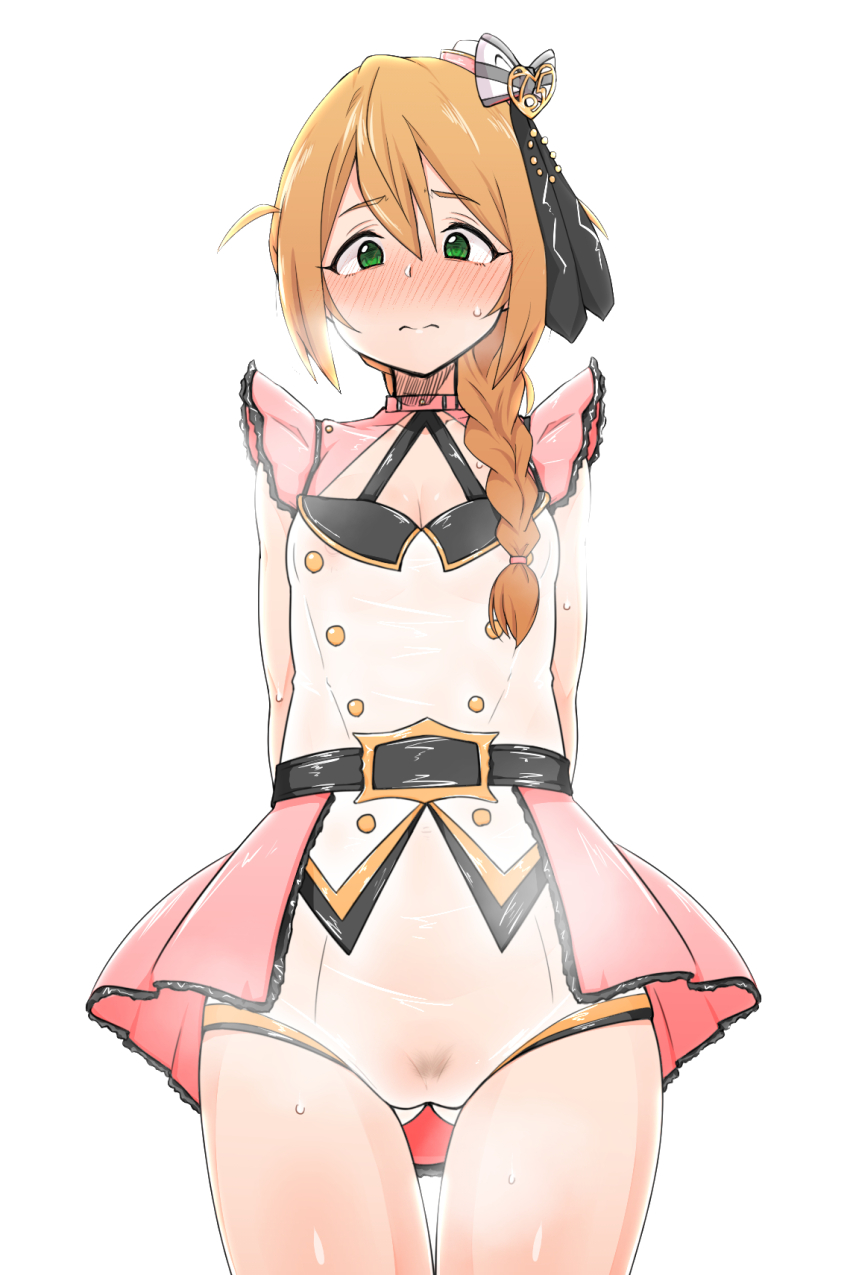 1girl arms_behind_back baba_konomi belt black_belt blush braid breasts brown_hair cleavage closed_mouth commentary_request covered_in_paint cowboy_shot female_pubic_hair gluteal_fold green_eyes hair_over_shoulder highres idolmaster idolmaster_million_live! idolmaster_million_live!_theater_days long_hair looking_at_viewer minakamirin overskirt pubic_hair see-through_clothes simple_background single_braid sleeveless small_breasts solo standing sweatdrop top!_clover_(idolmaster) white_background