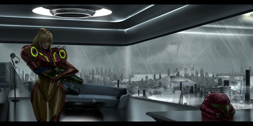 1girl absurdres aircraft airship apartment arm_cannon armor blonde_hair braid city cloud cloudy_sky commentary couch english_commentary helmet highres in-universe_location lamp max_kay metroid metroid:_other_m nintendo ponytail power_armor power_suit_(metroid) rain samus_aran scenery sky solo table twin_braids undressing unworn_headwear unworn_helmet varia_suit weapon window
