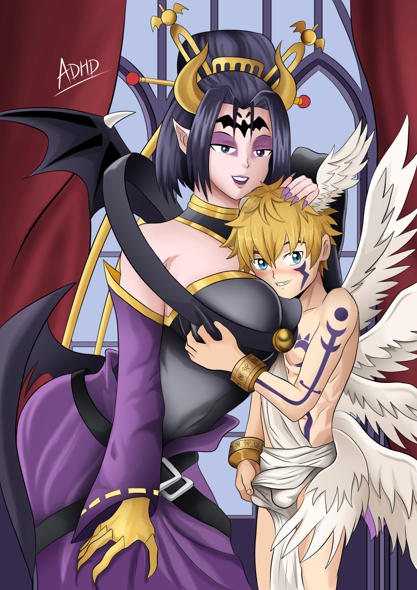 1boy 1girl age_difference angel_boy angel_wings artist_request black_hair blonde_hair blue_eyes blush bulge demon_girl demon_wings digimon digimon_(creature) grabbing_another's_breast groping hand_on_another's_head hetero lilithmon lucemon onee-shota shota tagme wings
