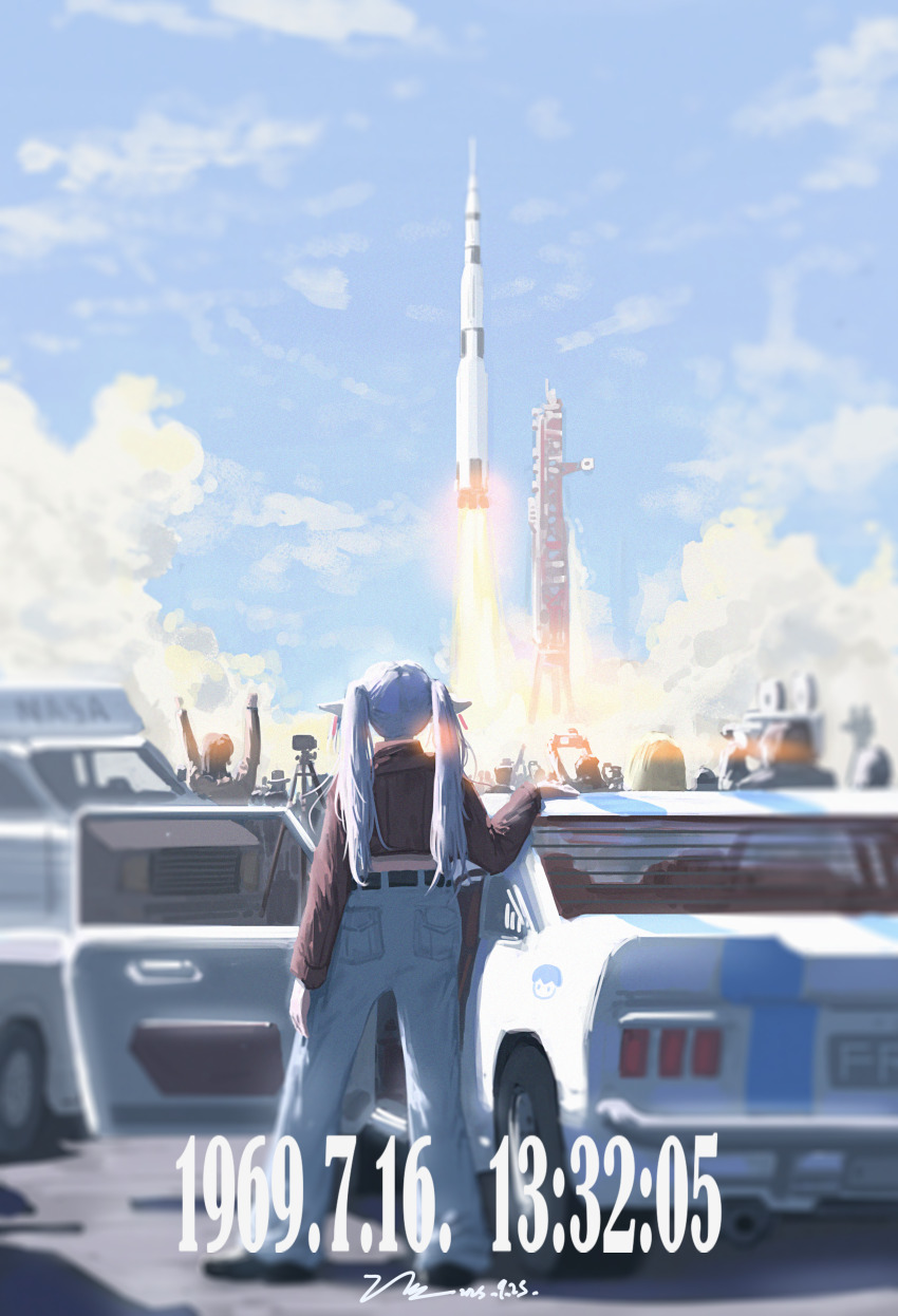1girl absurdres apollo_11 belt black_belt blue_pants blue_sky camera car cloud contemporary crowd dated day frieren from_behind highres holding holding_camera long_hair midriff motor_vehicle multiple_others open_door outdoors pants rocket signature sky sousou_no_frieren takeoff twintails united_states user_kyxw3427 van white_hair