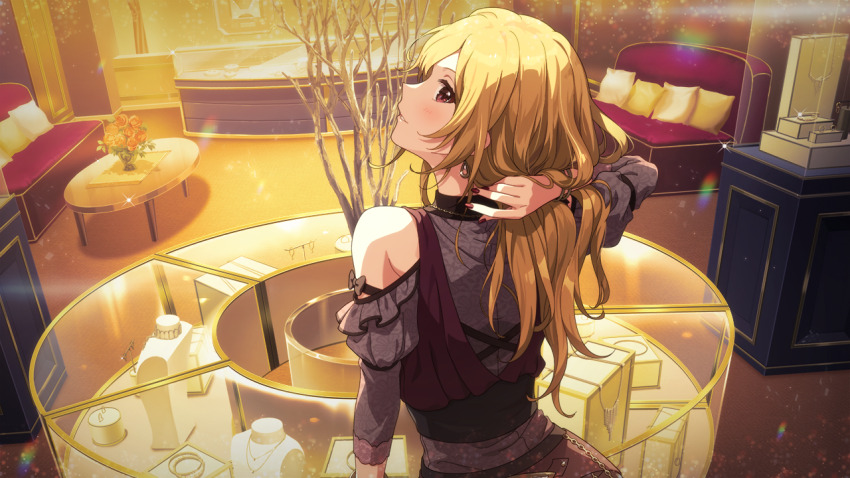 1girl brown_hair couch earrings flower game_cg glass idolmaster idolmaster_million_live! idolmaster_million_live!_theater_days jewelry mannequin momose_rio nail_polish necklace official_art pillow profile red_eyes solo sparkle table unworn_jewelry unworn_necklace