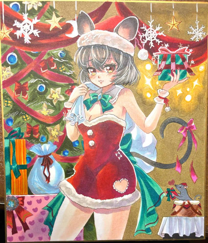 1girl :3 absurdres alternate_costume animal animal_ears back_bow bow bowtie breasts christmas christmas_ornaments christmas_tree cleavage closed_mouth clothed_animal clothing_cutout commentary_request detached_collar dress fur-trimmed_dress fur-trimmed_headwear fur_trim green_bow green_bowtie grey_hair hat heart heart_cutout highres holding holding_sack looking_at_viewer mitsu~ mouse_(animal) mouse_ears mouse_girl mouse_tail nazrin pink_bow pom_pom_(clothes) red_dress red_hat sack santa_costume santa_dress santa_hat small_breasts smile solo star_(symbol) strapless strapless_dress tail tail_bow tail_ornament touhou traditional_media wrist_cuffs yellow_eyes