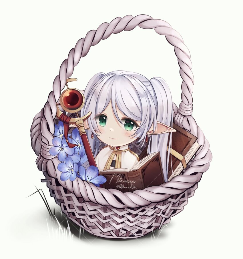 1girl basket blue_flower blush book closed_mouth commentary earrings elf flower frieren gold_trim green_eyes grey_hair highres in_basket in_container jewelry long_hair looking_at_viewer milavana open_book pointy_ears signature solo sousou_no_frieren teardrop_earrings twintails twitter_username very_long_hair white_background wicker_basket
