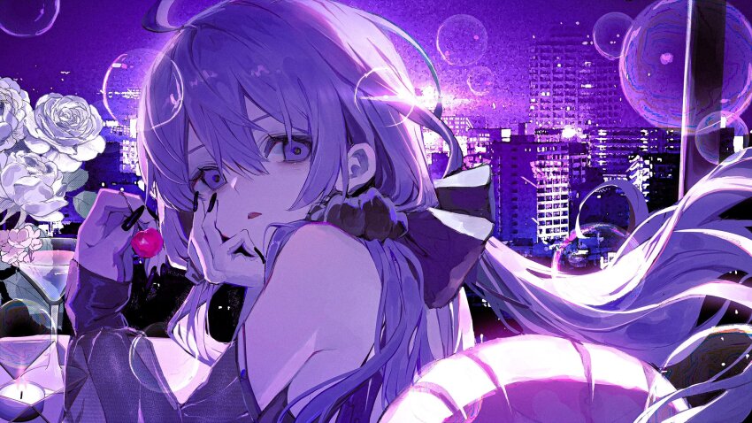 1girl ahoge bare_shoulders black_nails breasts candle cherry cityscape cocktail_glass commentary cup drinking_glass fingernails floating_hair flower food from_side fruit hair_between_eyes hand_on_own_cheek hand_on_own_face hands_up highres holding_cherry indie_virtual_youtuber indoors kurehalxxx lens_flare long_fingernails long_hair long_sleeves looking_at_viewer night non-circular_lens_flare open_mouth purple_eyes purple_hair sideboob sleeves_past_wrists small_breasts soap_bubbles solo symbol-only_commentary upper_body virtual_youtuber white_flower