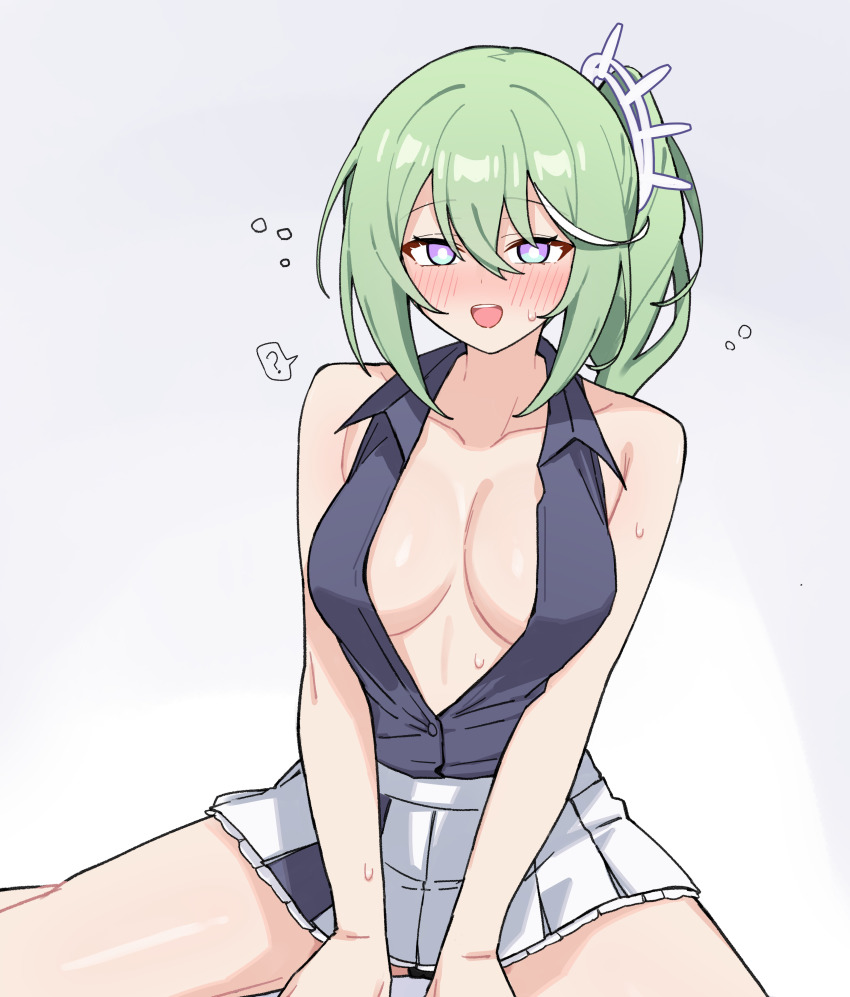 1girl ? absurdres black_panties blush breasts bright_pupils choppy_bangs collared_shirt commentary green_hair grey_background grey_shirt hair_between_eyes highres korean_commentary large_breasts long_bangs maksagwa medium_hair miniskirt multicolored_hair no_bra open_clothes open_mouth open_shirt panties panty_peek purple_eyes shirt shirt_tucked_in side_ponytail simple_background sitting skirt sleeveless sleeveless_shirt solo speech_bubble spoken_question_mark spread_legs stellive streaked_hair sweat underwear virtual_youtuber white_pupils white_skirt yuzuha_riko