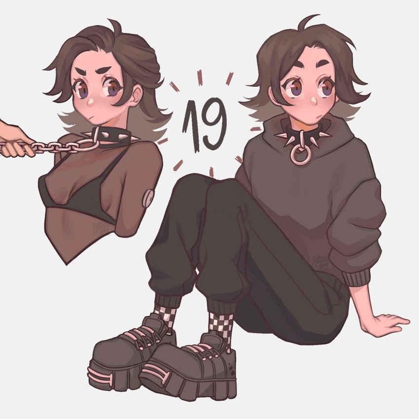 1girl 1other :/ artist_self-insert black_bra black_eyes black_hair black_hoodie black_pants black_shoes bodystocking bra breasts checkered_clothes checkered_socks collar commentary english_commentary gluca highres holding holding_leash hood hoodie leash medium_hair original pants see-through_cleavage see-through_clothes shoes sitting small_breasts socks solo_focus spiked_collar spikes thick_eyebrows underwear