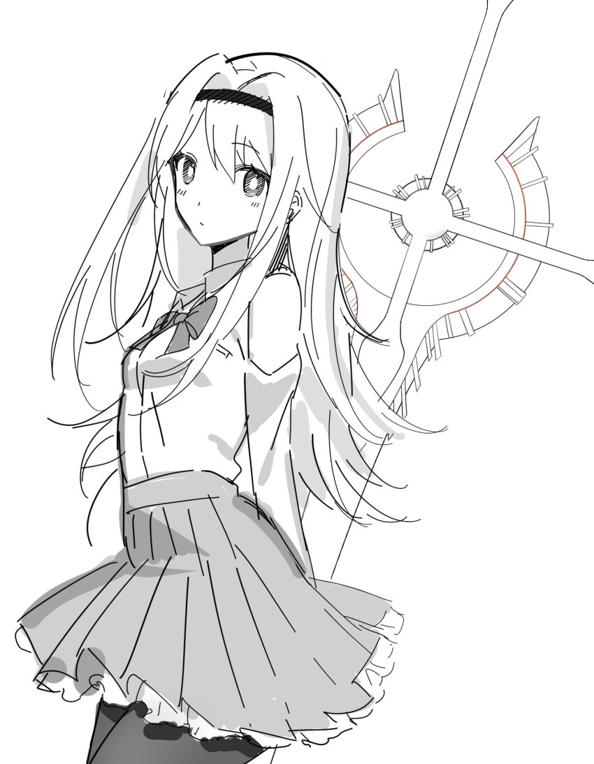 1girl alion_9715 black_hairband black_pantyhose bow bowtie breasts chaos;head d-sword dress_shirt hairband high-waist_skirt highres huge_weapon long_hair long_sleeves monochrome nishijou_nanami no_jacket pantyhose petticoat science_adventure shirt simple_background skirt small_breasts solo weapon white_background winter_uniform