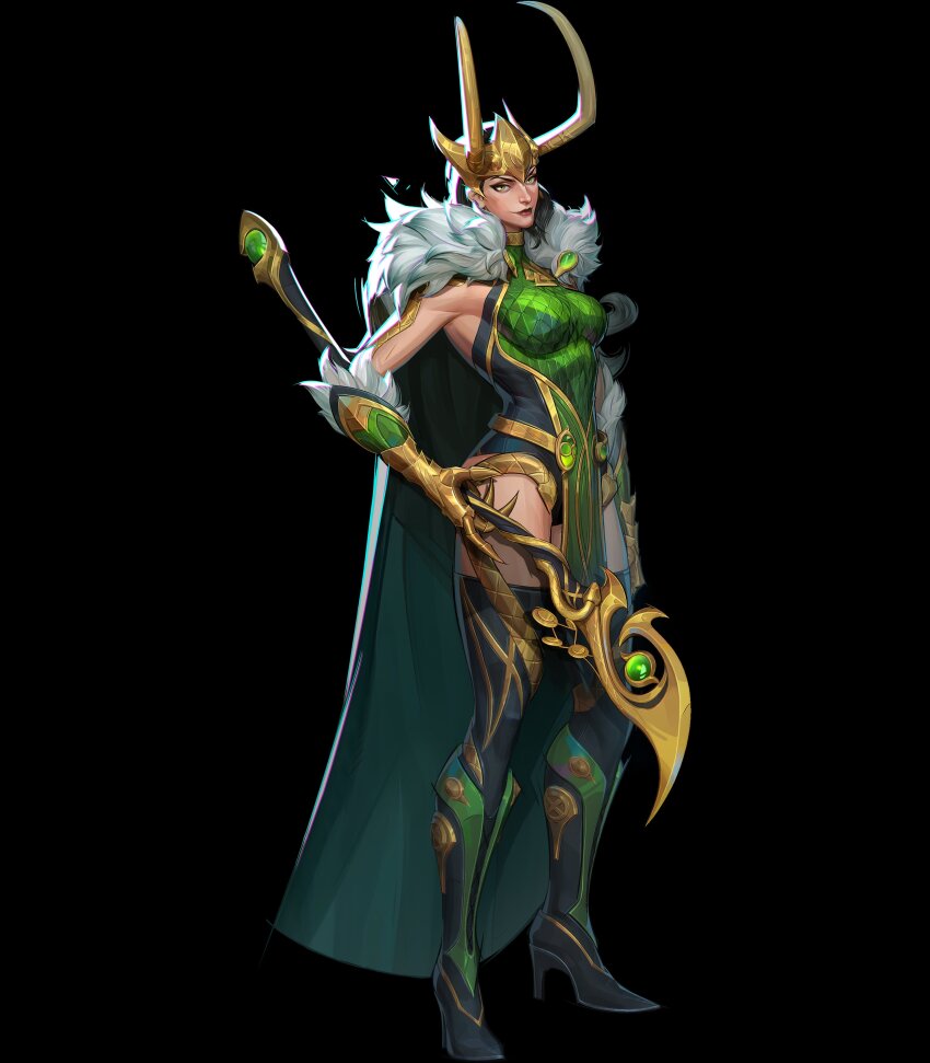 1girl absurdres black_hair boots breasts cape fake_horns full_body fur-trimmed_cape fur-trimmed_gloves fur_trim gauntlets gloves green_cape high_heel_boots high_heels highres horned_headwear horns lady_loki leotard loki_(marvel) mage_staff marvel marvel_rivals official_art pelvic_curtain solo staff thigh_boots thighhighs thighs third-party_source thor_(marvel)_(series)