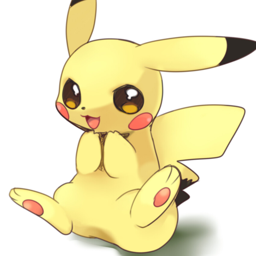 :3 animal_focus choko_(sweetpocket) commentary_request full_body gen_1_pokemon highres looking_at_viewer nintendo no_humans open_mouth pawpads pikachu pokemon pokemon_(creature) pokemon_focus simple_background sitting smile solo white_background