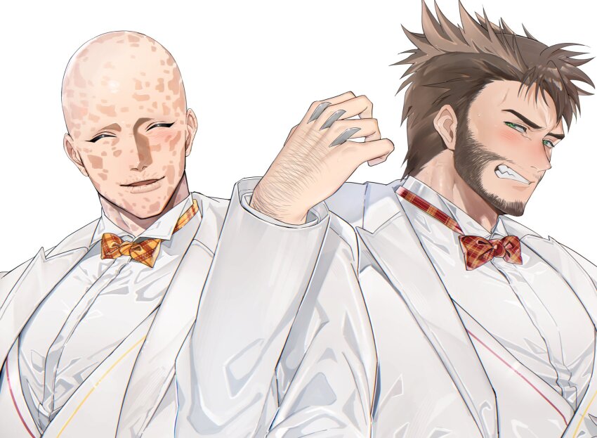 2boys bald beard blush bow bowtie brown_hair claw_(weapon) clenched_teeth closed_eyes couple deadpool deadpool_&amp;_wolverine deadpool_(series) facial_hair formal_clothes green_eyes hand_hair happy highres hoshiimopotato husband_and_husband jacket jewelry locked_arms long_sleeves looking_at_another male_focus marvel marvel multiple_boys muscular muscular_male pectorals scar scars_all_over shirt short_hair smile suit sweatdrop teeth too_many vest weapon white_background white_jacket white_shirt white_suit wolverine_(x-men) x-men yaoi
