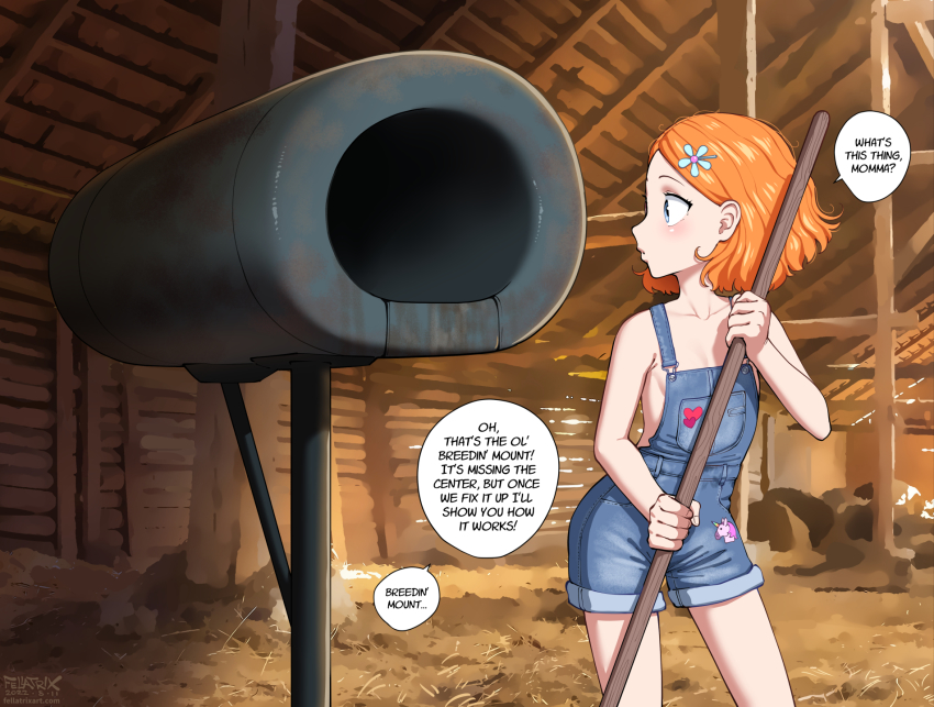 1girl barn blush breasts breeding_mount broom english_text fellatrix female_focus hay highres loli naked_overalls original overall_shorts overalls red_hair shortalls small_breasts solo suzie_q suzieq_(fellatrix)