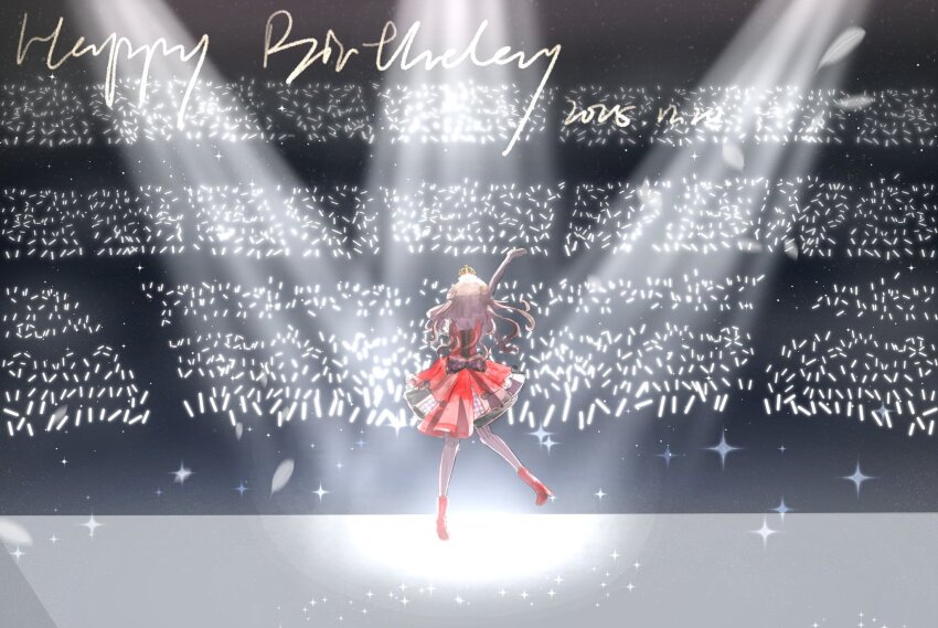 1girl arm_up back_bow black_bow black_gloves boots bow brown_hair commentary_request dated dress elbow_gloves frilled_dress frills from_behind fujishima_megumi gloves glowstick happy_birthday highres kurokawa_aki light_particles link!_like!_love_live! love_live! penlight_(glowstick) red_boots red_dress solo sparkle spotlight stage two_side_up virtual_youtuber wide_shot zenhoi_kyun