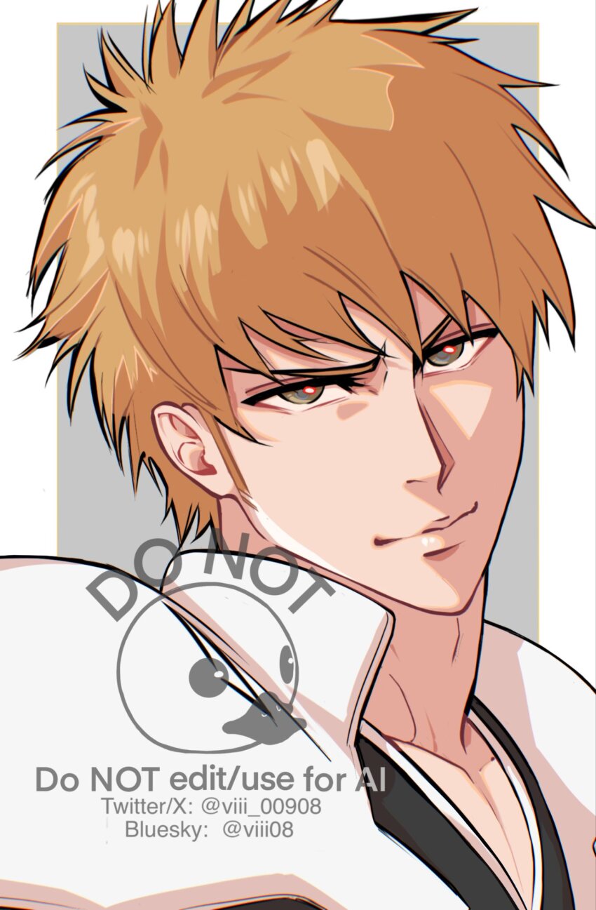 1boy bleach bleach:_sennen_kessen-hen closed_mouth collarbone highres kurosaki_ichigo looking_at_viewer male_focus orange_hair short_hair simple_background viii_00908 watermark