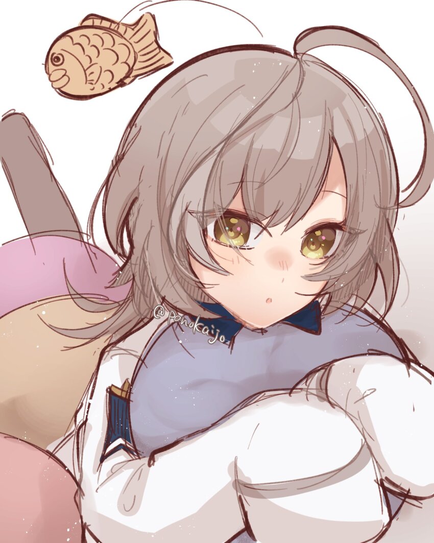 1girl ahoge assault_lily blush brown_pantyhose commentary_request food gradient_background grey_background grey_hair hands_up herensuge_girls_academy_school_uniform highres holding holding_pillow hugging_object jacket leg_up long_hair long_sleeves looking_at_viewer lying multicolored_hair nose_blush on_stomach oversized_clothes pantyhose parted_lips pillow pillow_hug ponokaijo sasaki_ran school_uniform simple_background sleeves_past_fingers sleeves_past_wrists solo streaked_hair taiyaki twitter_username wagashi white_background white_jacket yellow_eyes