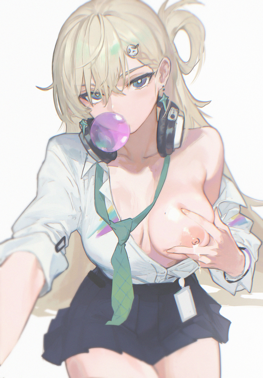 1girl absurdres black_skirt blonde_hair blowing_bubble_gum blue_eyes breasts chewing_gum commentary_request earrings grabbing_own_breast hair_between_eyes hair_ornament headphones highres jewelry kryp132 large_breasts long_hair looking_at_viewer loose_necktie lynae_(wuthering_waves) medium_breasts multicolored_hair necktie nipples one_breast_out shirt simple_background skirt skull_hair_ornament solo star_(symbol) star_earrings white_background white_shirt wuthering_waves