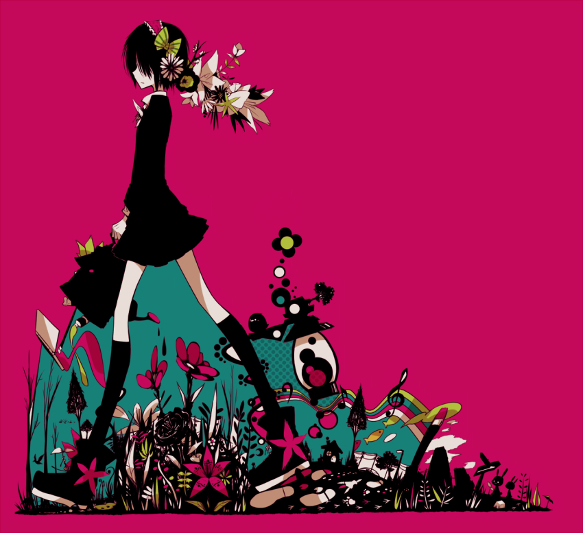 1girl bag black_dress black_hair black_socks bob_cut dress flower hair_flower hair_ornament highres holding holding_bag kneehighs original pink_background pink_flower short_dress short_hair simple_background socks solo walking white_flower yukitake_(bullfalk)
